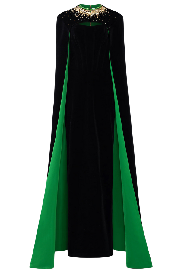 Strapless Burstier Black Velvet Gown with Long Cape