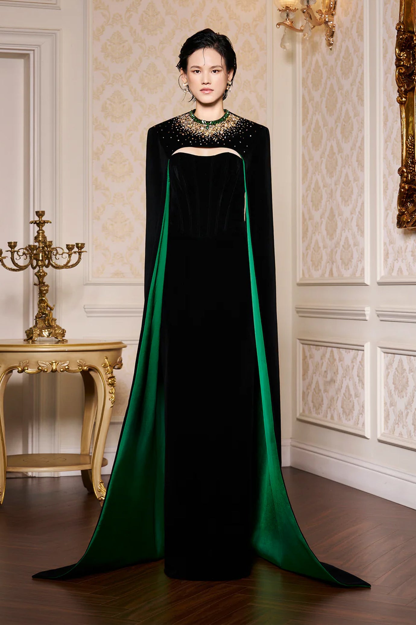 Strapless Burstier Black Velvet Gown with Long Cape