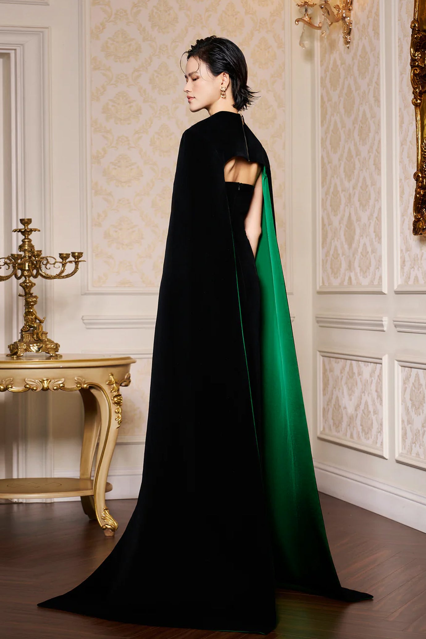 Strapless Burstier Black Velvet Gown with Long Cape