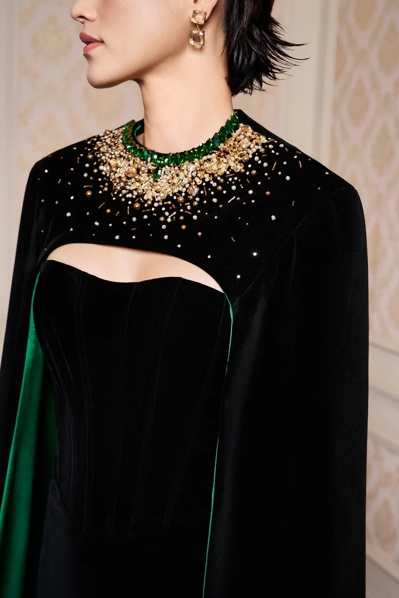 Strapless Burstier Black Velvet Gown with Long Cape