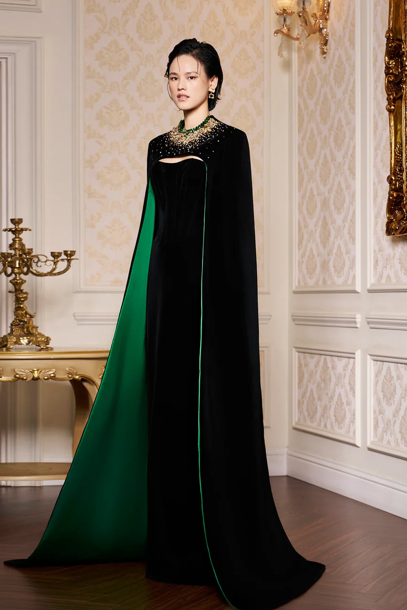 Strapless Burstier Black Velvet Gown with Long Cape