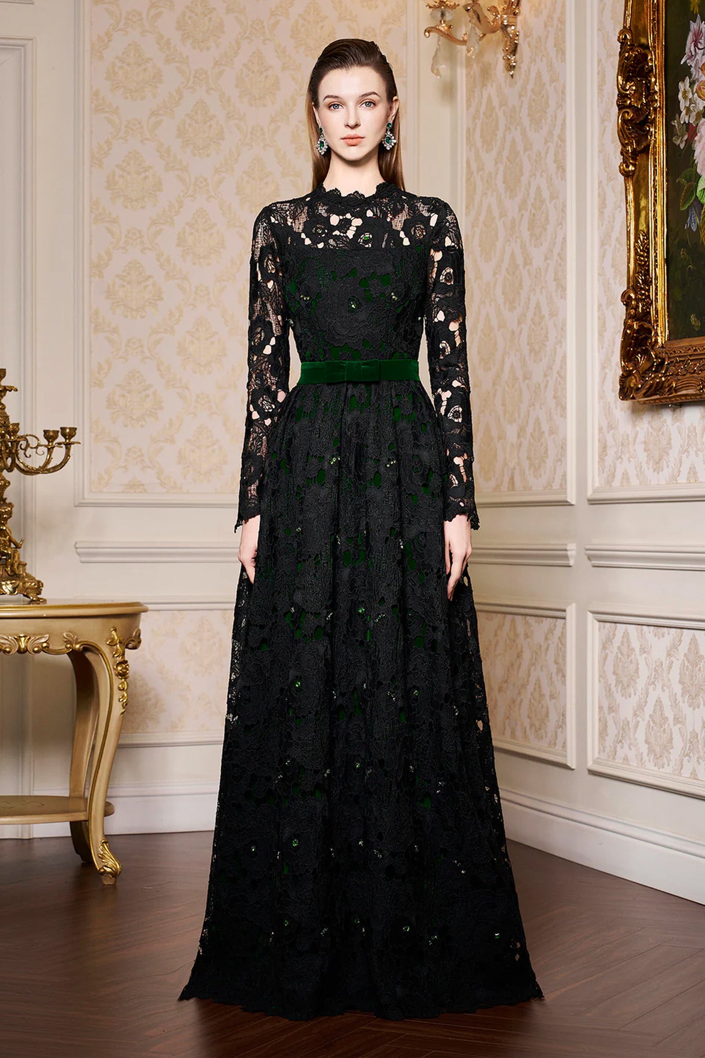 Pleated Lace and Velvet Gown