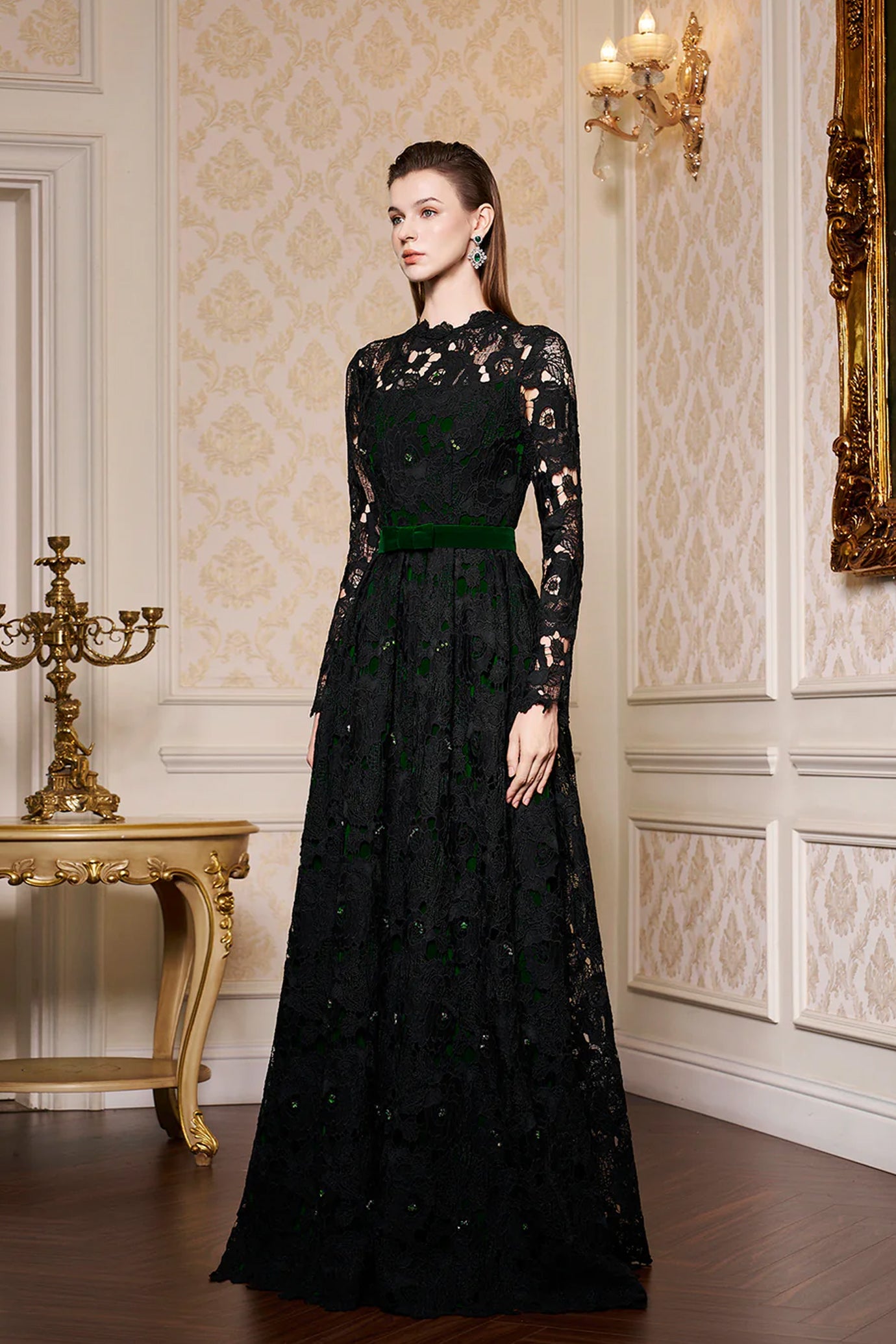 Pleated Lace and Velvet Gown