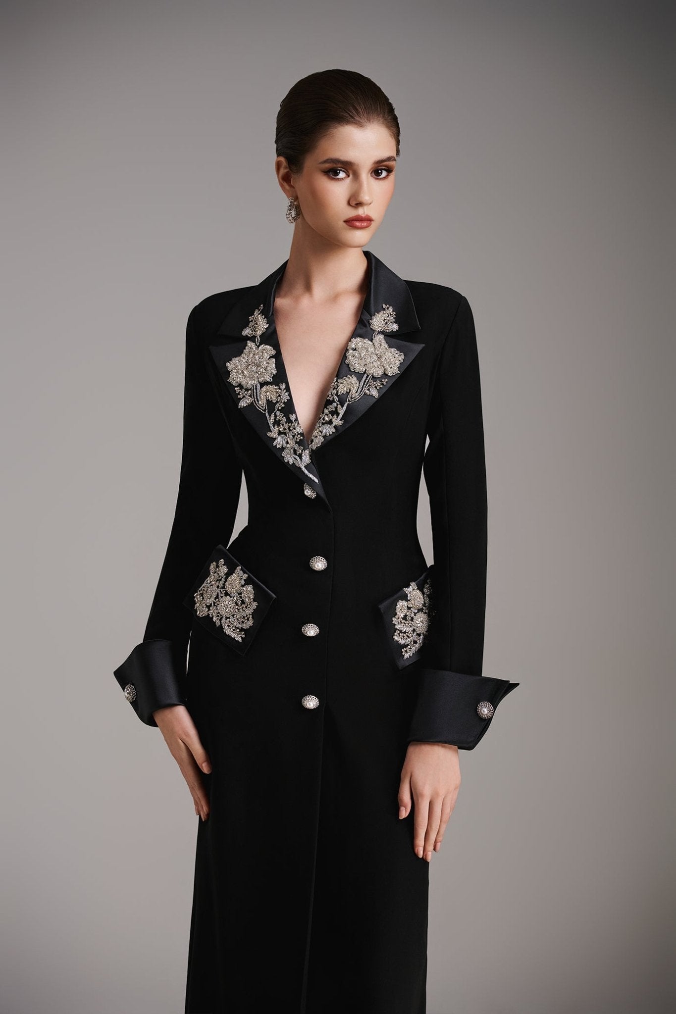 Imperial Noir Coatdress - ALBOUSHIYA - district 5 - dubai - riyadh - abaya - dresses - designers - evening wear - luxury - elegance - craftsmanship - gowns - cocktail dresses - collections - georges