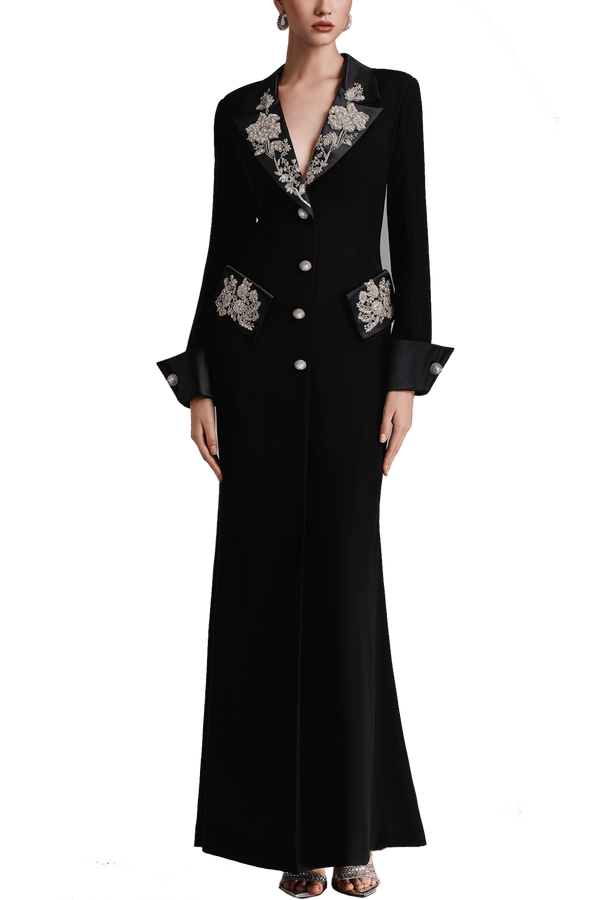 Imperial Noir Coatdress - ALBOUSHIYA - district 5 - dubai - riyadh - abaya - dresses - designers - evening wear - luxury - elegance - craftsmanship - gowns - cocktail dresses - collections - georges