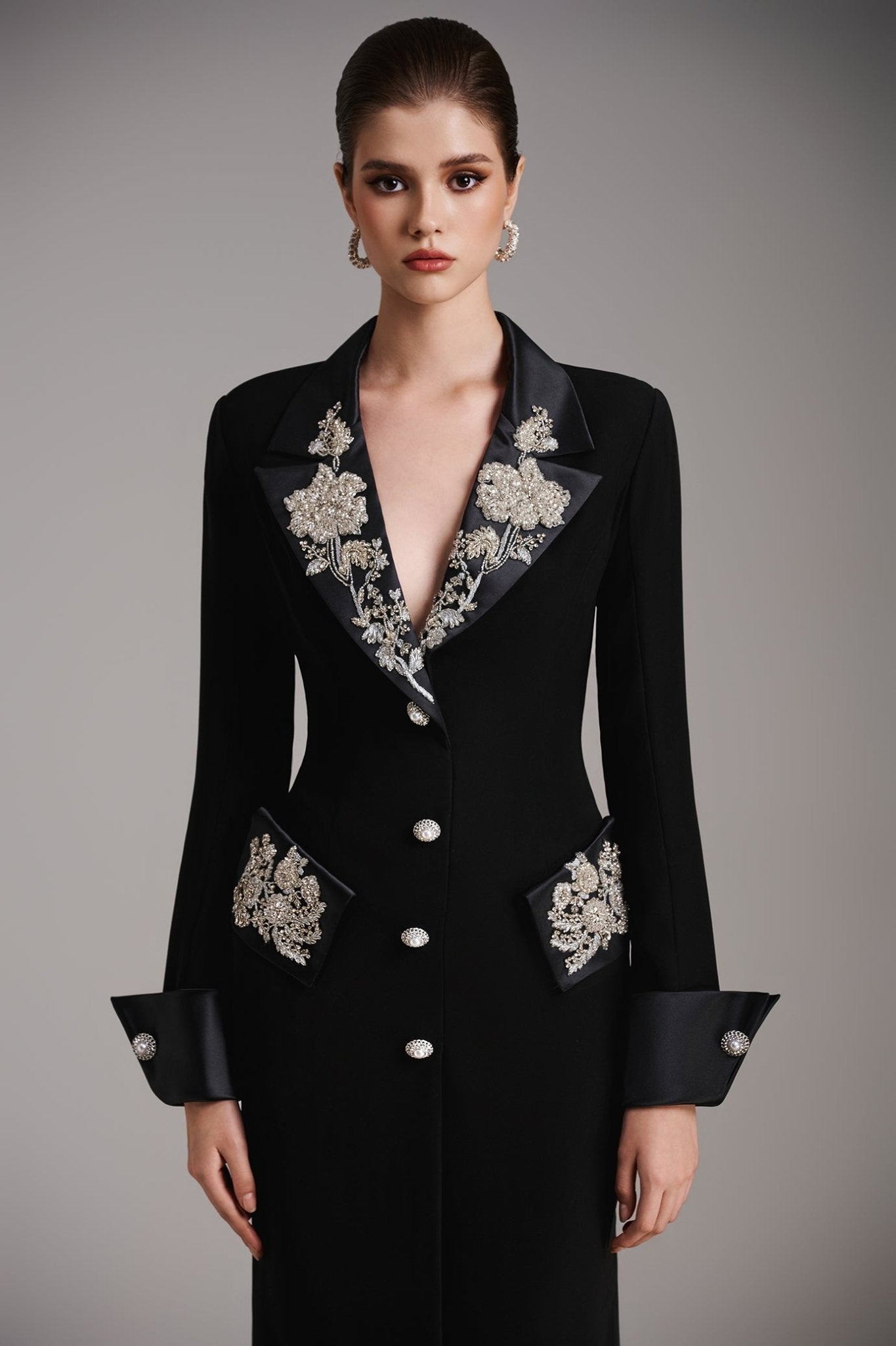 Imperial Noir Coatdress - ALBOUSHIYA - district 5 - dubai - riyadh - abaya - dresses - designers - evening wear - luxury - elegance - craftsmanship - gowns - cocktail dresses - collections - georges