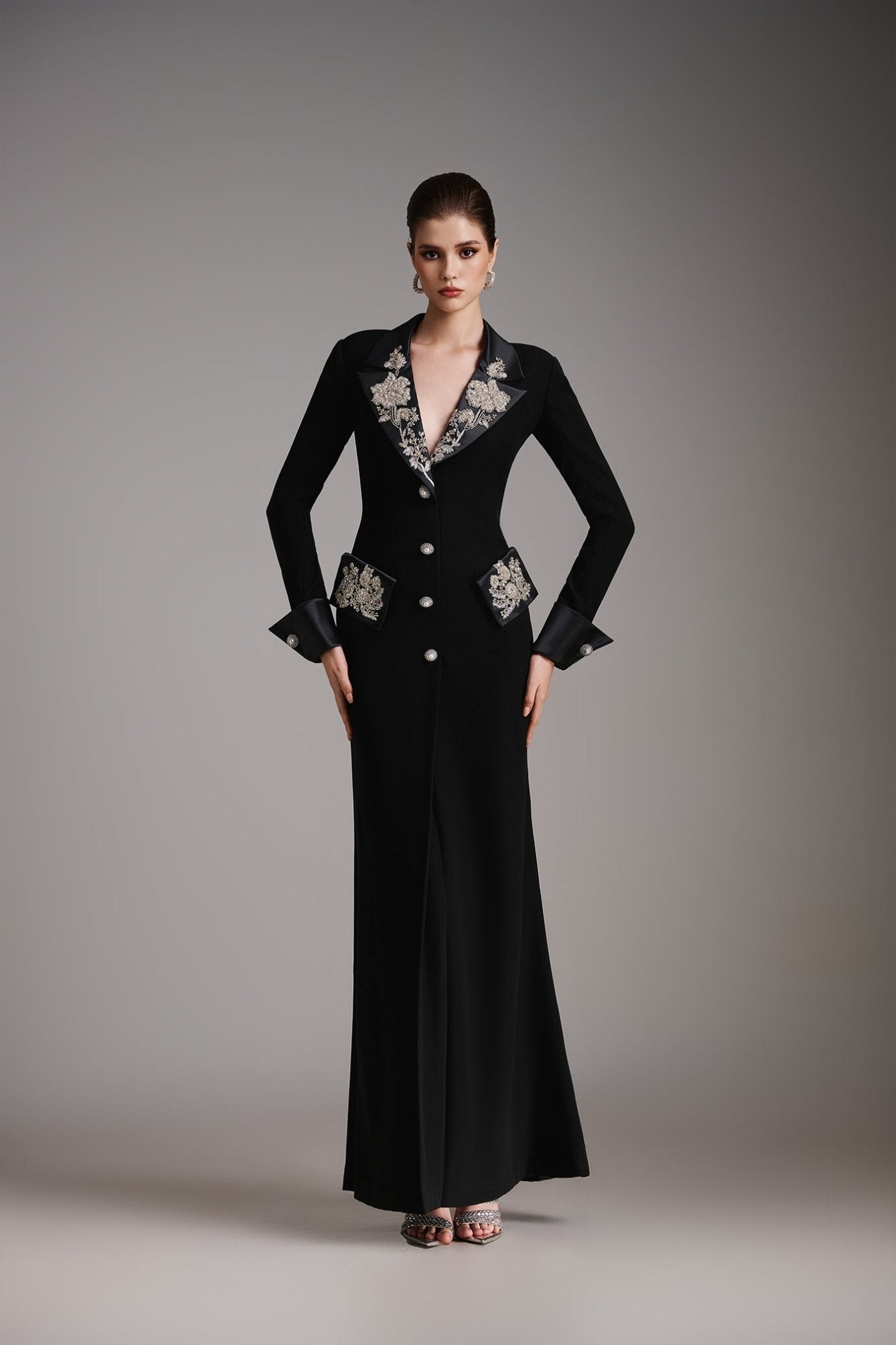 Imperial Noir Coatdress - ALBOUSHIYA - district 5 - dubai - riyadh - abaya - dresses - designers - evening wear - luxury - elegance - craftsmanship - gowns - cocktail dresses - collections - georges