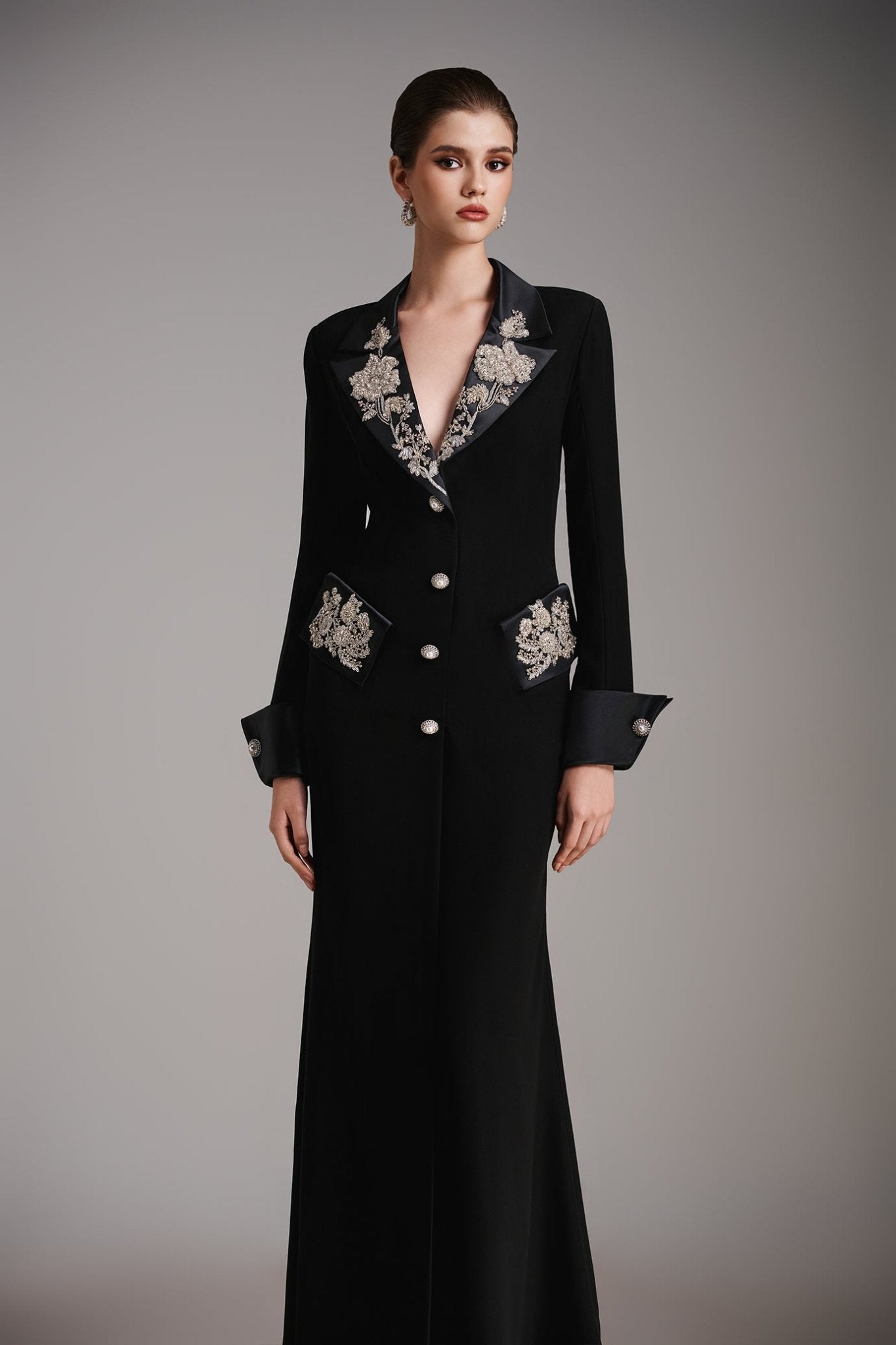 Imperial Noir Coatdress - ALBOUSHIYA - district 5 - dubai - riyadh - abaya - dresses - designers - evening wear - luxury - elegance - craftsmanship - gowns - cocktail dresses - collections - georges