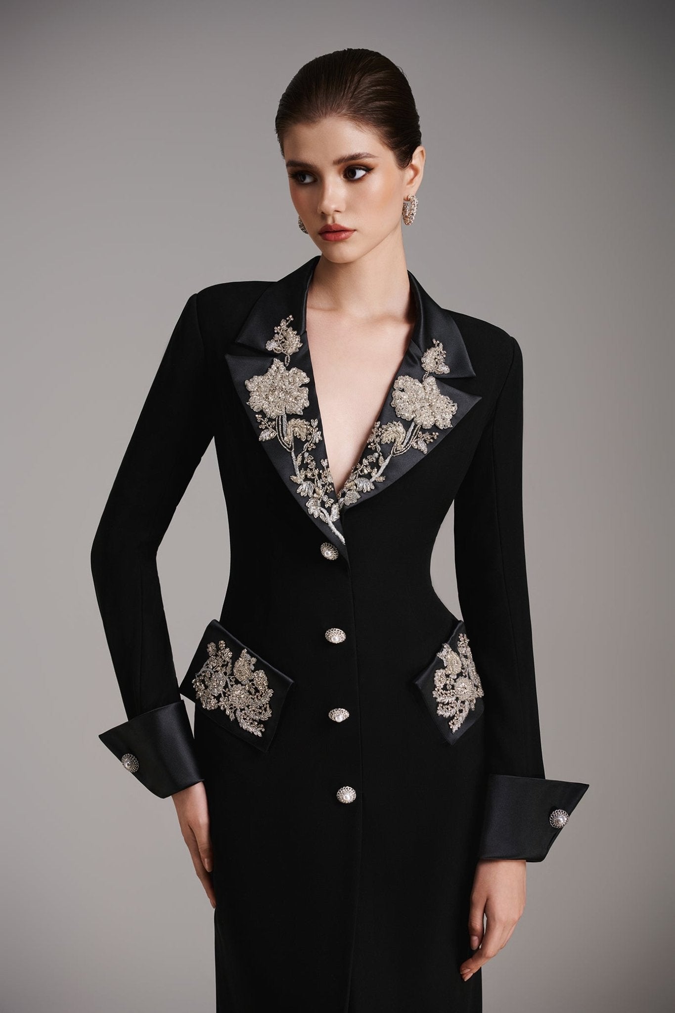 Imperial Noir Coatdress - ALBOUSHIYA - district 5 - dubai - riyadh - abaya - dresses - designers - evening wear - luxury - elegance - craftsmanship - gowns - cocktail dresses - collections - georges