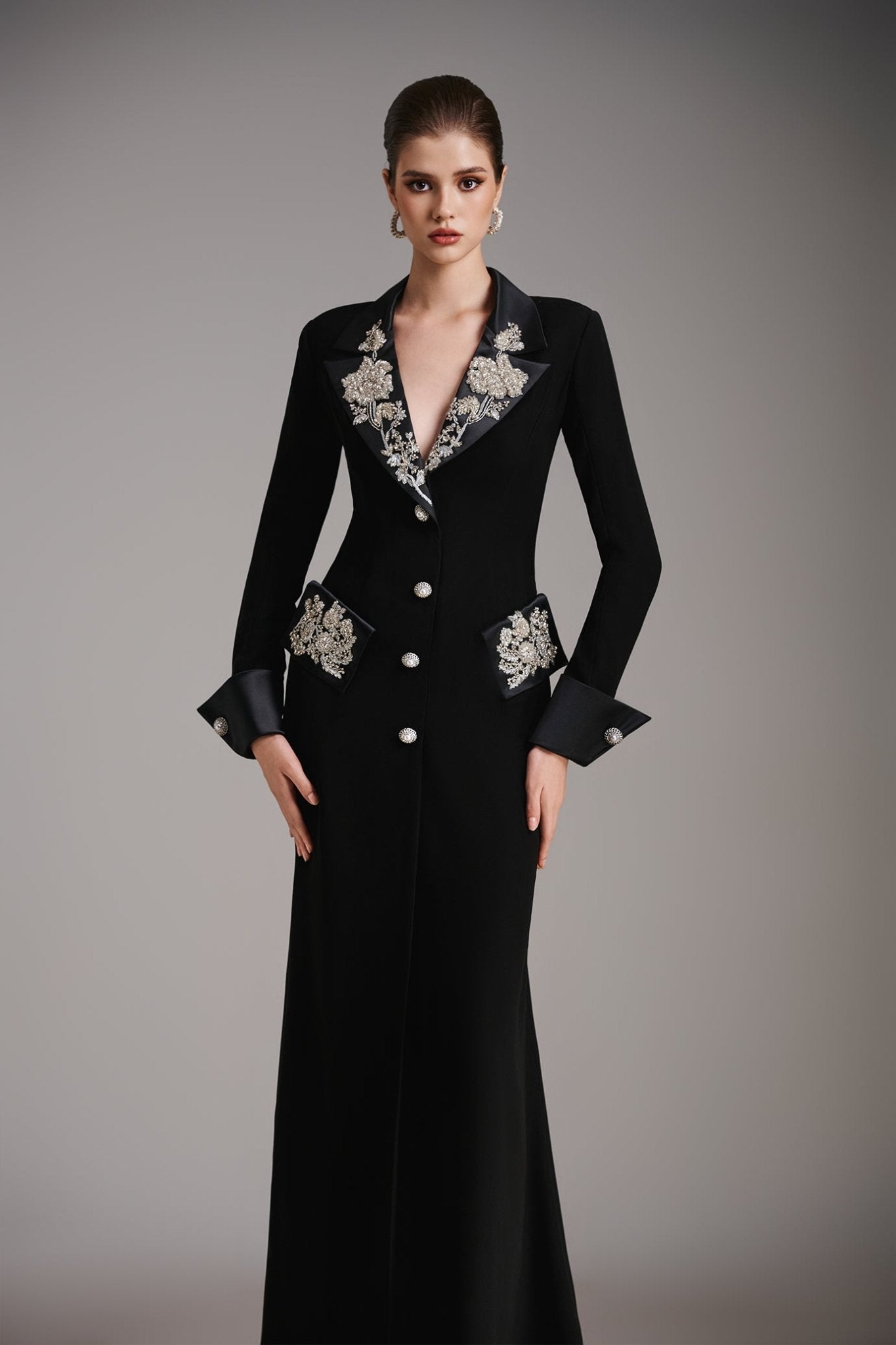 Imperial Noir Coatdress - ALBOUSHIYA - district 5 - dubai - riyadh - abaya - dresses - designers - evening wear - luxury - elegance - craftsmanship - gowns - cocktail dresses - collections - georges