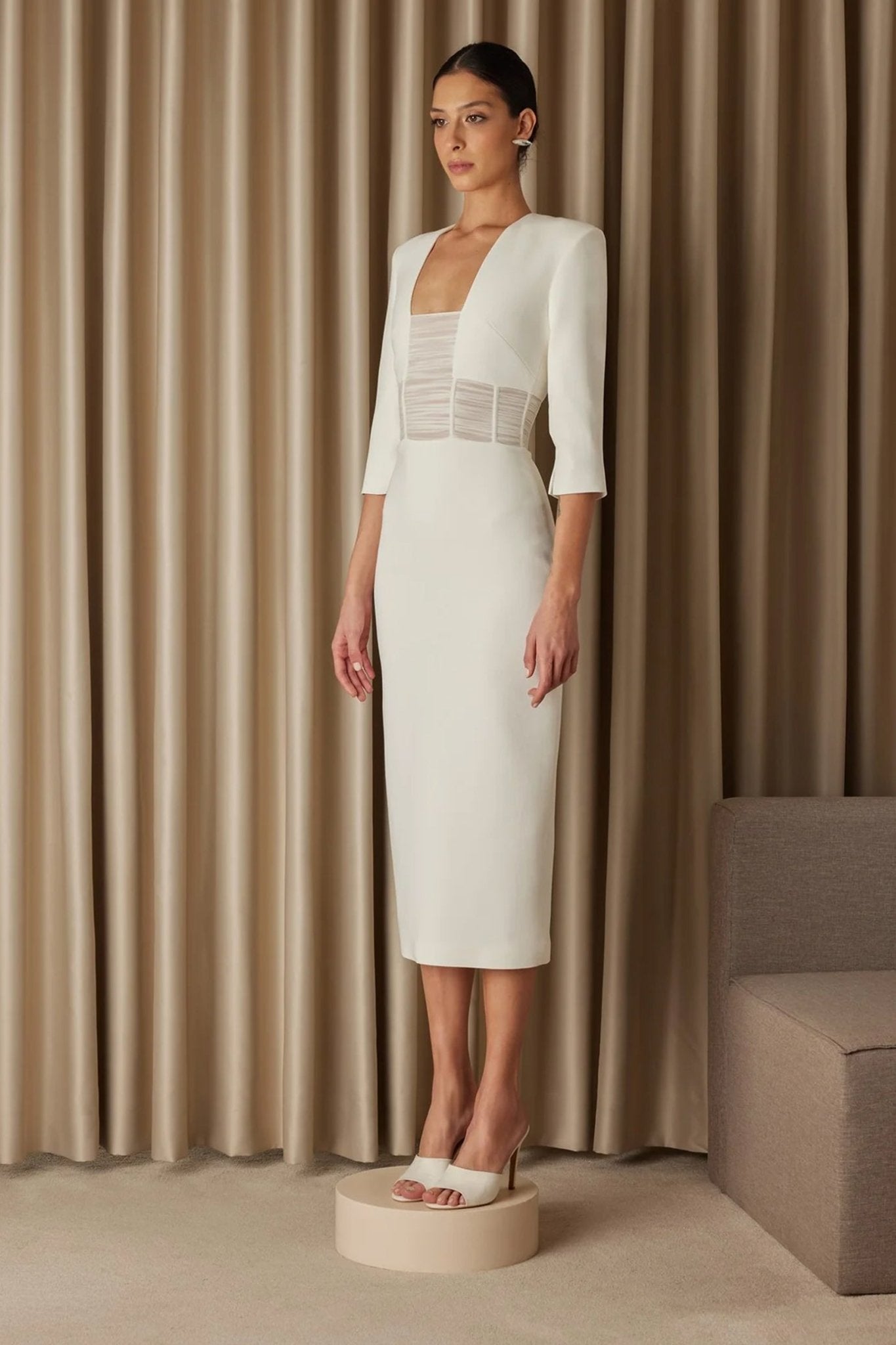 Jia Drape Detailed Crepe Midi Dress - ALBOUSHIYA - district 5 - dubai - riyadh - abaya - dresses - designers - evening wear - luxury - elegance - craftsmanship - gowns - cocktail dresses - collections - georges