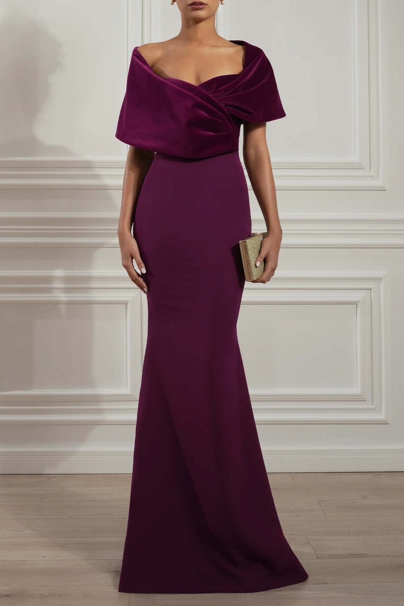 Kavya Dark Purple Crepe and Velvet Gown - ALBOUSHIYA - district 5 - dubai - riyadh - abaya - dresses - designers - evening wear - luxury - elegance - craftsmanship - gowns - cocktail dresses - collections - georges
