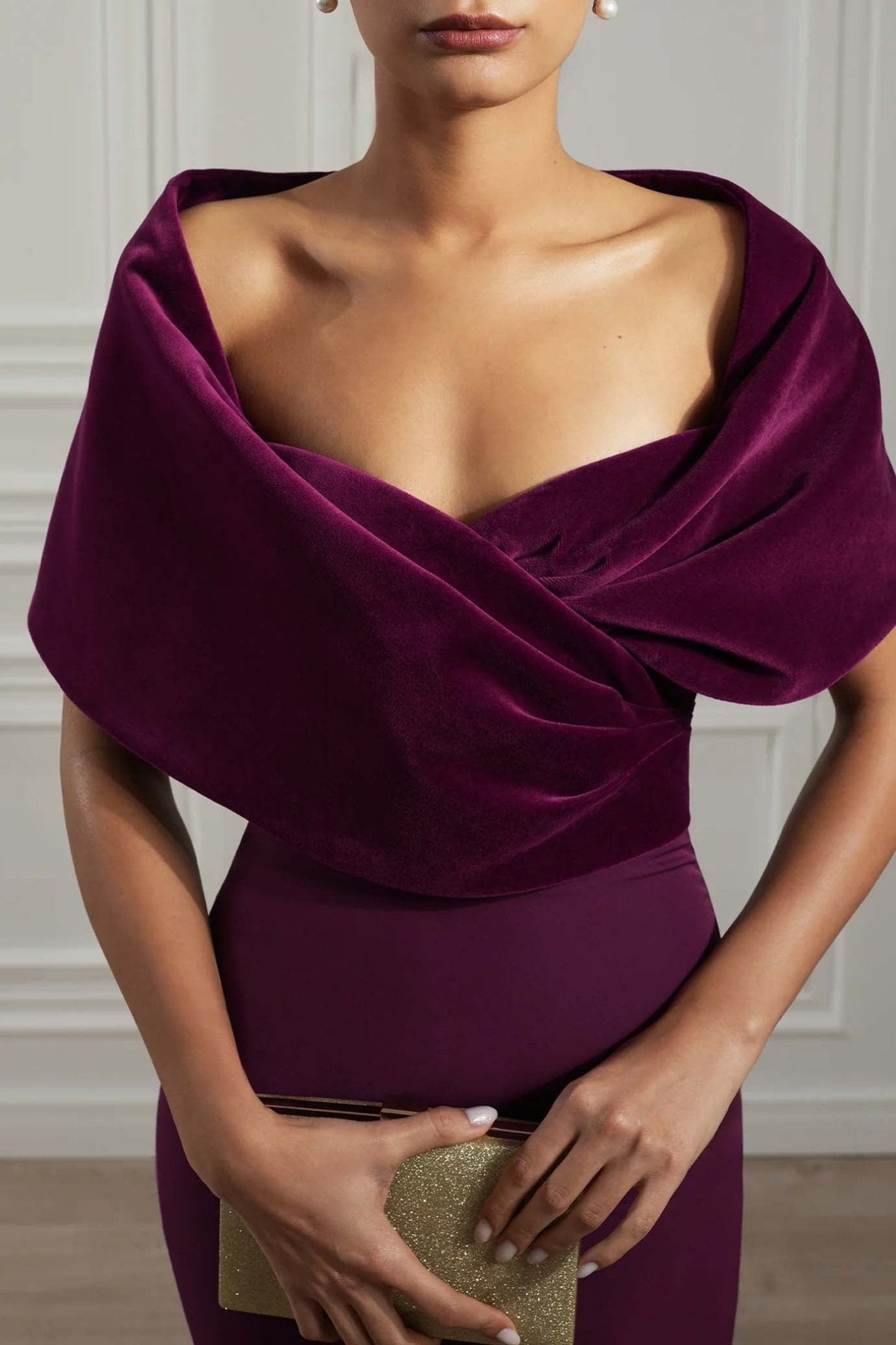 Kavya Dark Purple Crepe and Velvet Gown - ALBOUSHIYA - district 5 - dubai - riyadh - abaya - dresses - designers - evening wear - luxury - elegance - craftsmanship - gowns - cocktail dresses - collections - georges