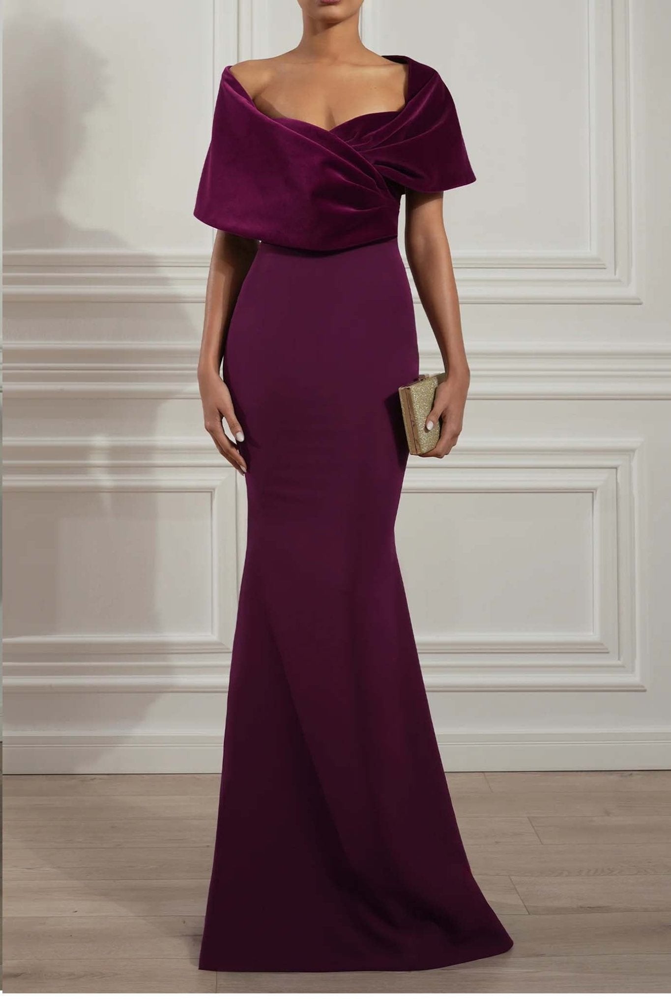Kavya Dark Purple Crepe and Velvet Gown - ALBOUSHIYA - district 5 - dubai - riyadh - abaya - dresses - designers - evening wear - luxury - elegance - craftsmanship - gowns - cocktail dresses - collections - georges