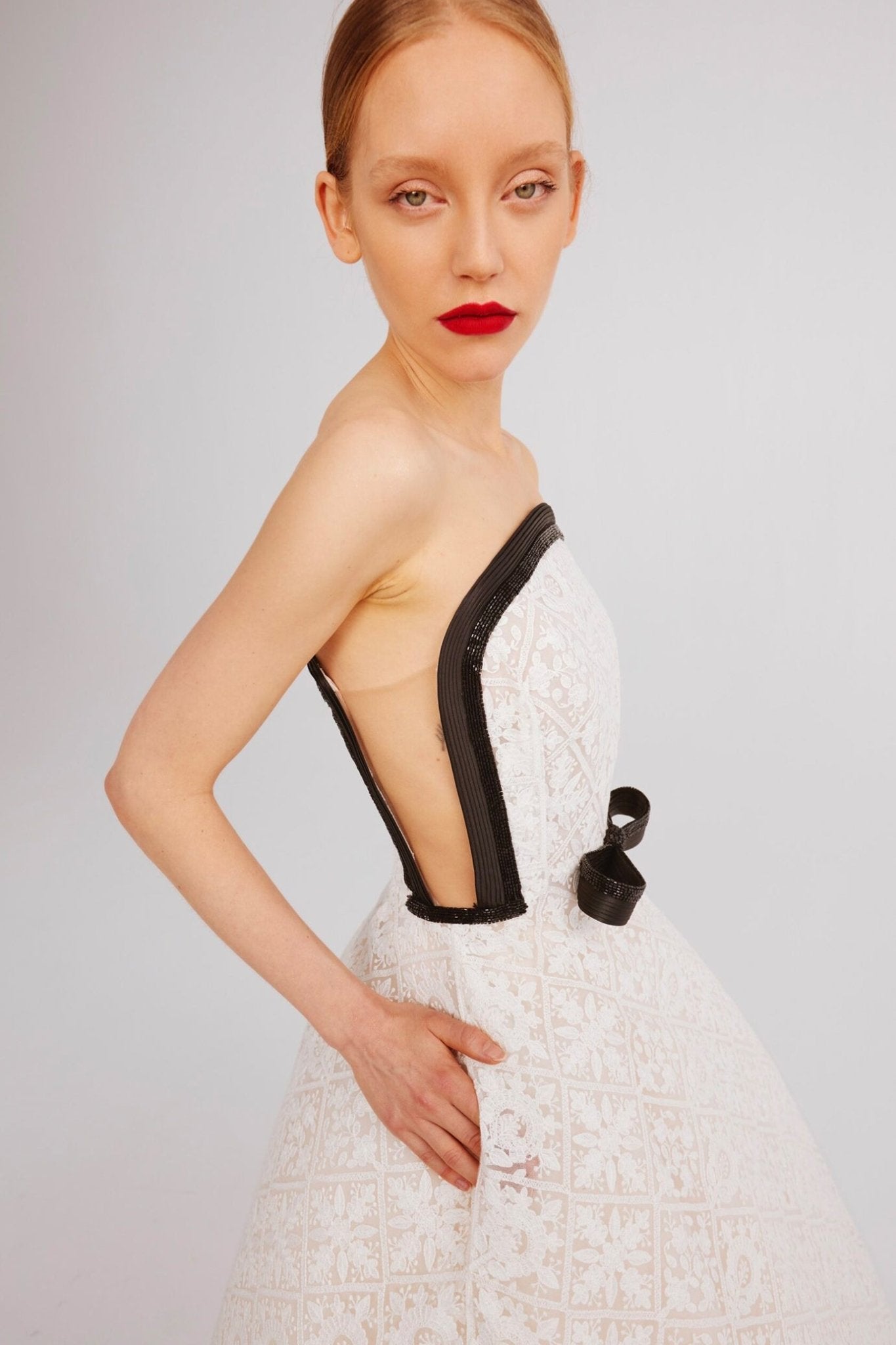 Lace Ball Dress with Black Trim and Side Pockets - ALBOUSHIYA - district 5 - dubai - riyadh - abaya - dresses - designers - evening wear - luxury - elegance - craftsmanship - gowns - cocktail dresses - collections - georges