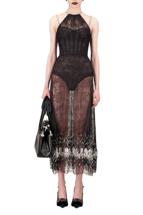 Lace Midi Dress (fully lined version) - ALBOUSHIYA - district 5 - dubai - riyadh - abaya - dresses - designers - evening wear - luxury - elegance - craftsmanship - gowns - cocktail dresses - collections - georges