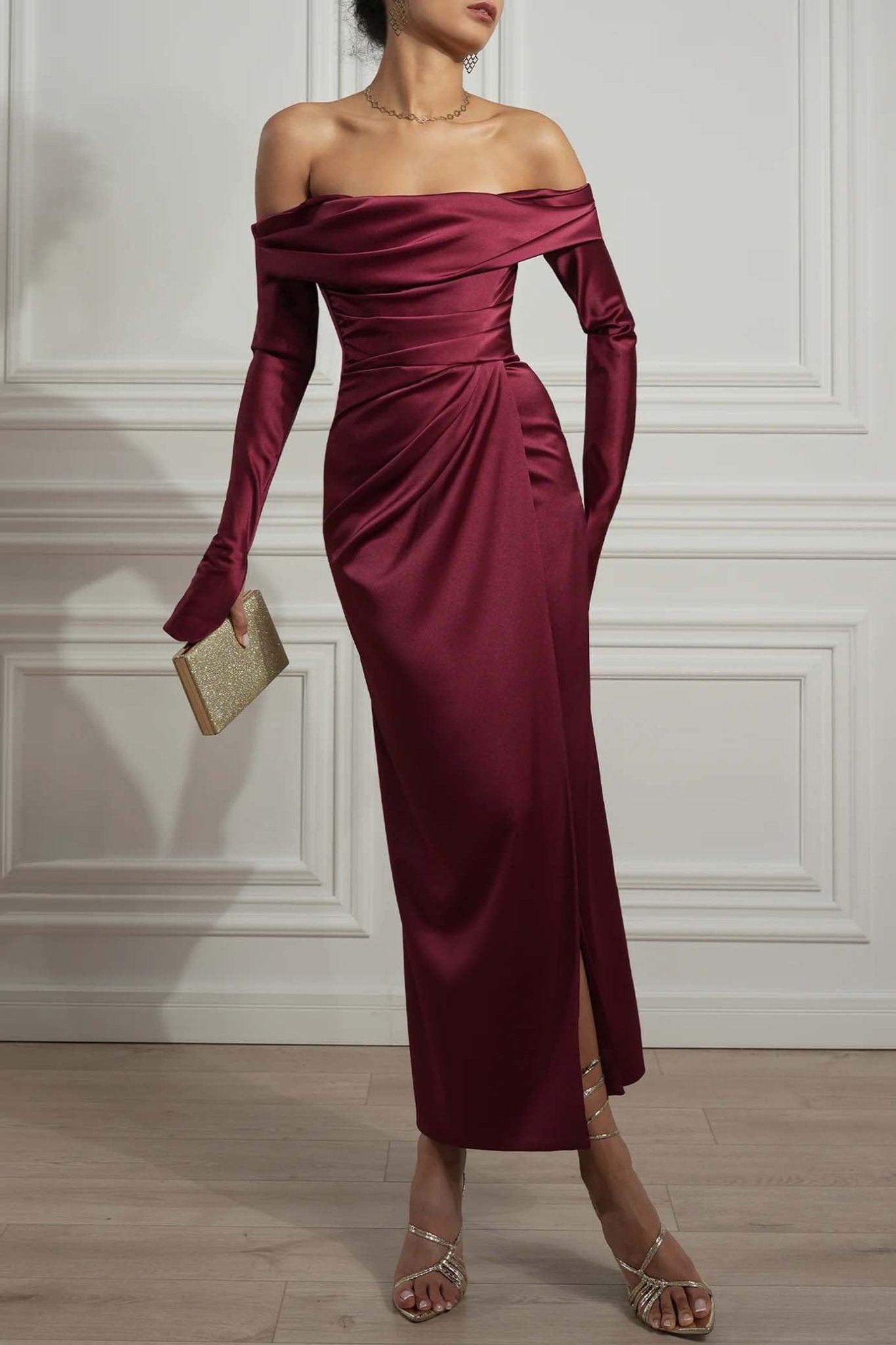 Lara Satin Midi Dress - ALBOUSHIYA - district 5 - dubai - riyadh - abaya - dresses - designers - evening wear - luxury - elegance - craftsmanship - gowns - cocktail dresses - collections - georges