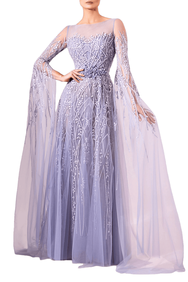 Lavender Embellished Tulle Gown with Flowing Cape Sleeves - ALBOUSHIYA - district 5 - dubai - riyadh - abaya - dresses - designers - evening wear - luxury - elegance - craftsmanship - gowns - cocktail dresses - collections - georges