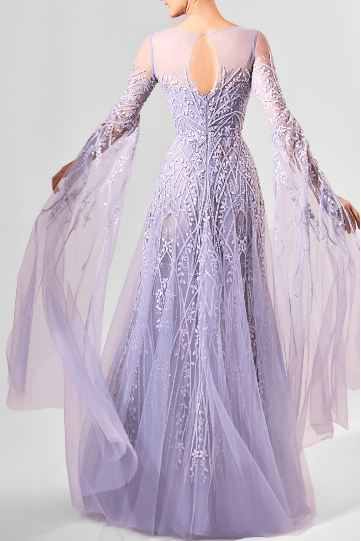 Lavender Embellished Tulle Gown with Flowing Cape Sleeves - ALBOUSHIYA - district 5 - dubai - riyadh - abaya - dresses - designers - evening wear - luxury - elegance - craftsmanship - gowns - cocktail dresses - collections - georges