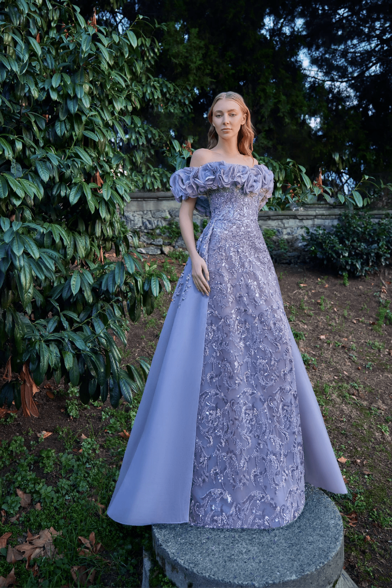 Lilac Off - Shoulder 3D Floral Embellished Gown - ALBOUSHIYA - district 5 - dubai - riyadh - abaya - dresses - designers - evening wear - luxury - elegance - craftsmanship - gowns - cocktail dresses - collections - georges