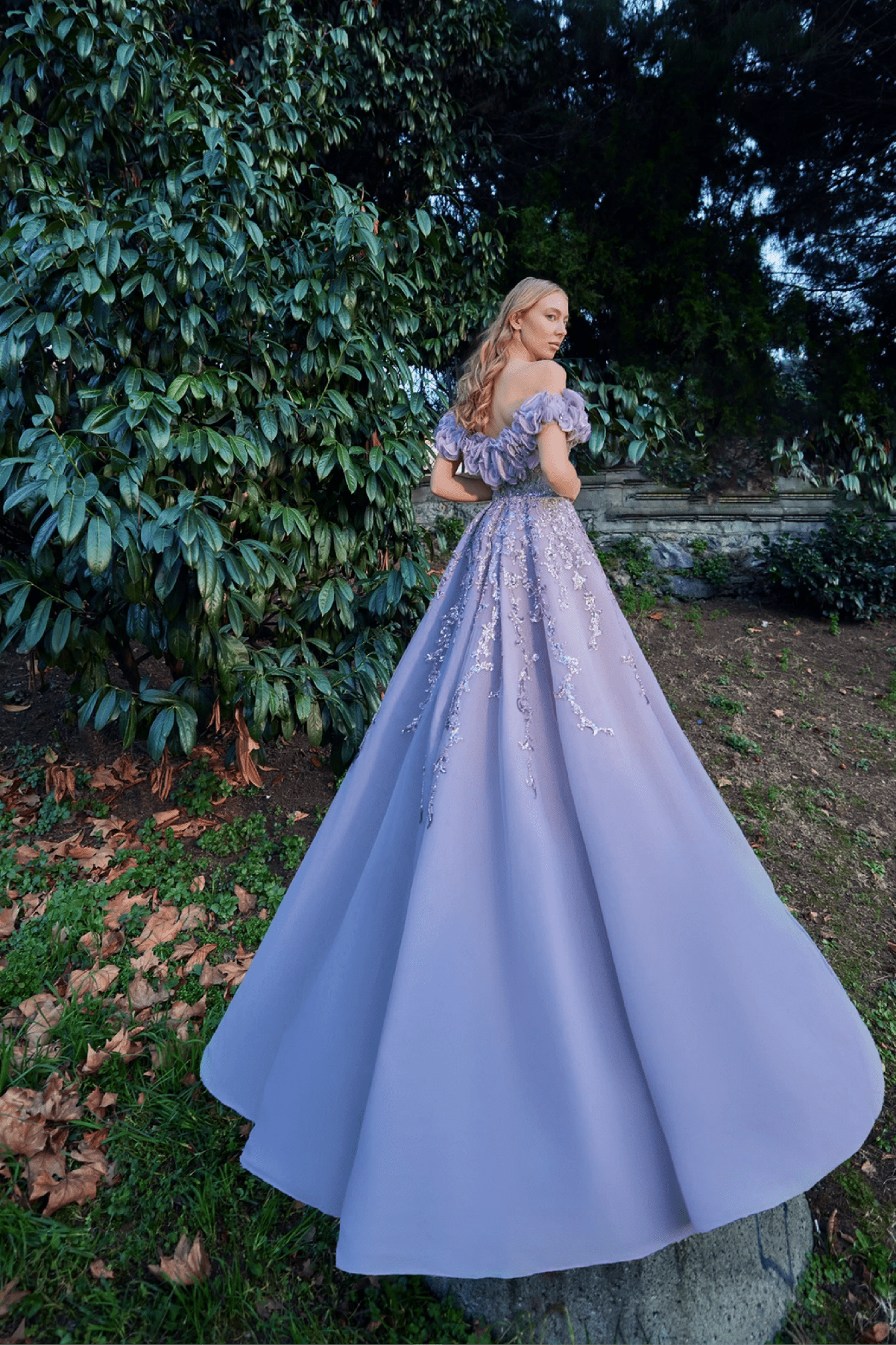 Lilac Off - Shoulder 3D Floral Embellished Gown - ALBOUSHIYA - district 5 - dubai - riyadh - abaya - dresses - designers - evening wear - luxury - elegance - craftsmanship - gowns - cocktail dresses - collections - georges