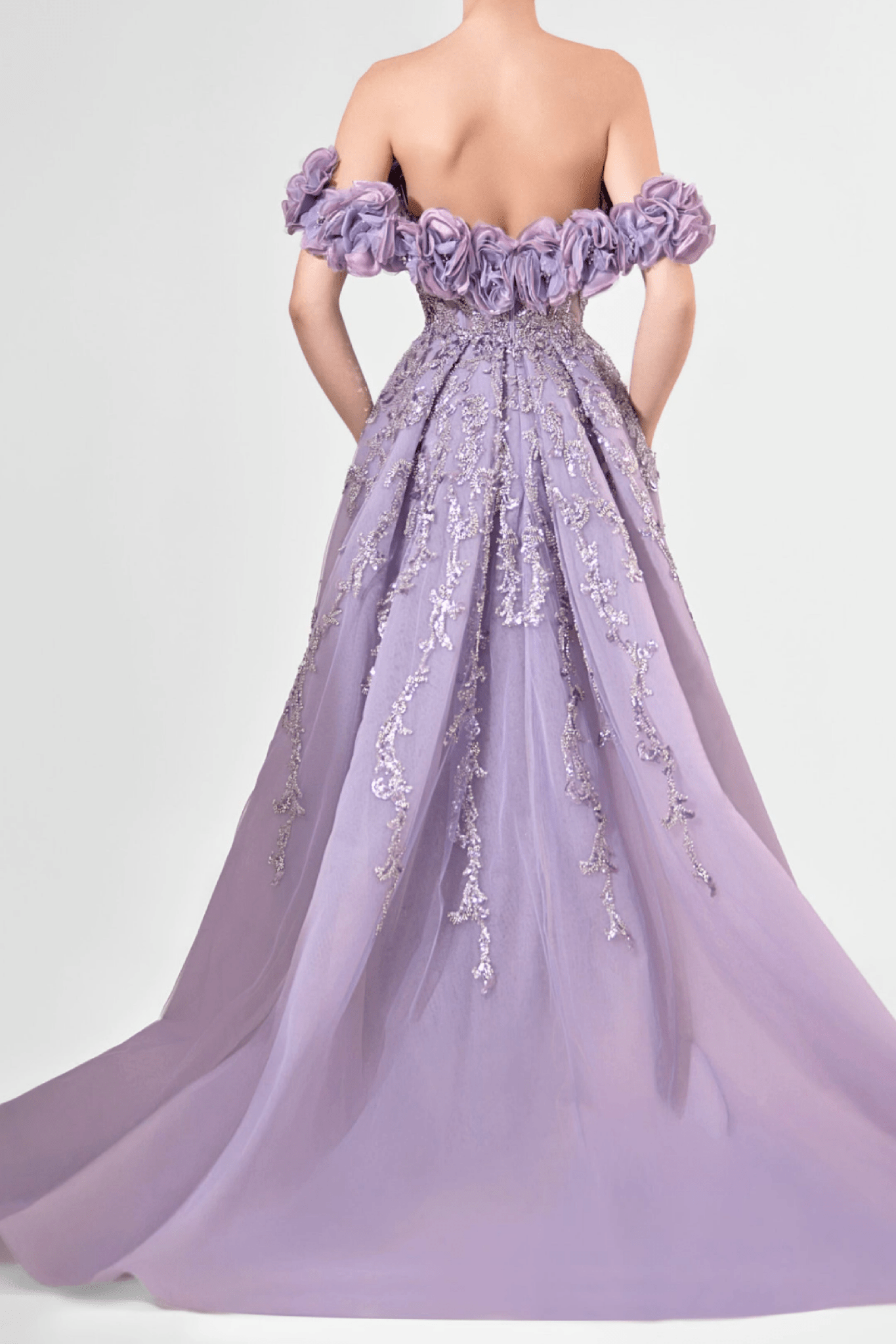 Lilac Off - Shoulder 3D Floral Embellished Gown - ALBOUSHIYA - district 5 - dubai - riyadh - abaya - dresses - designers - evening wear - luxury - elegance - craftsmanship - gowns - cocktail dresses - collections - georges
