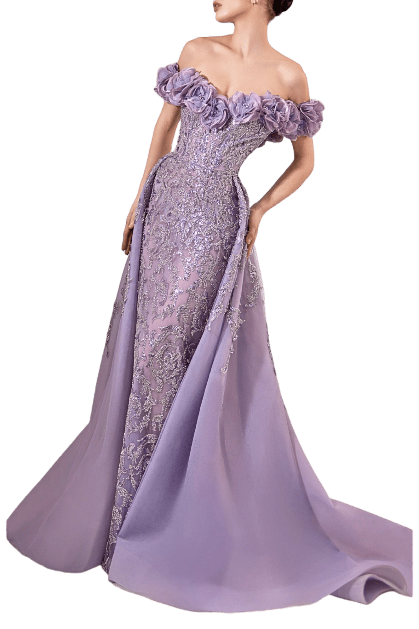 Lilac Off - Shoulder 3D Floral Embellished Gown - ALBOUSHIYA - district 5 - dubai - riyadh - abaya - dresses - designers - evening wear - luxury - elegance - craftsmanship - gowns - cocktail dresses - collections - georges