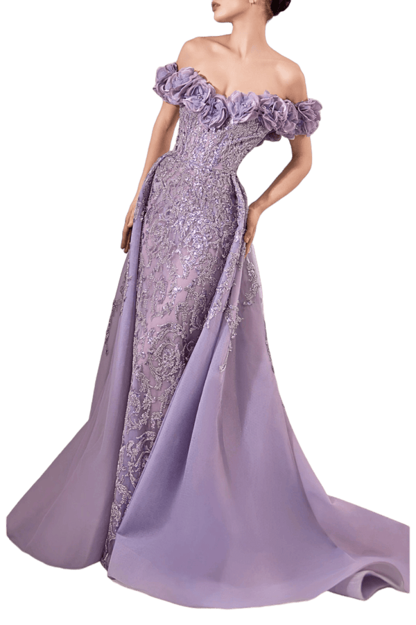 Lilac Off - Shoulder 3D Floral Embellished Gown - ALBOUSHIYA - district 5 - dubai - riyadh - abaya - dresses - designers - evening wear - luxury - elegance - craftsmanship - gowns - cocktail dresses - collections - georges