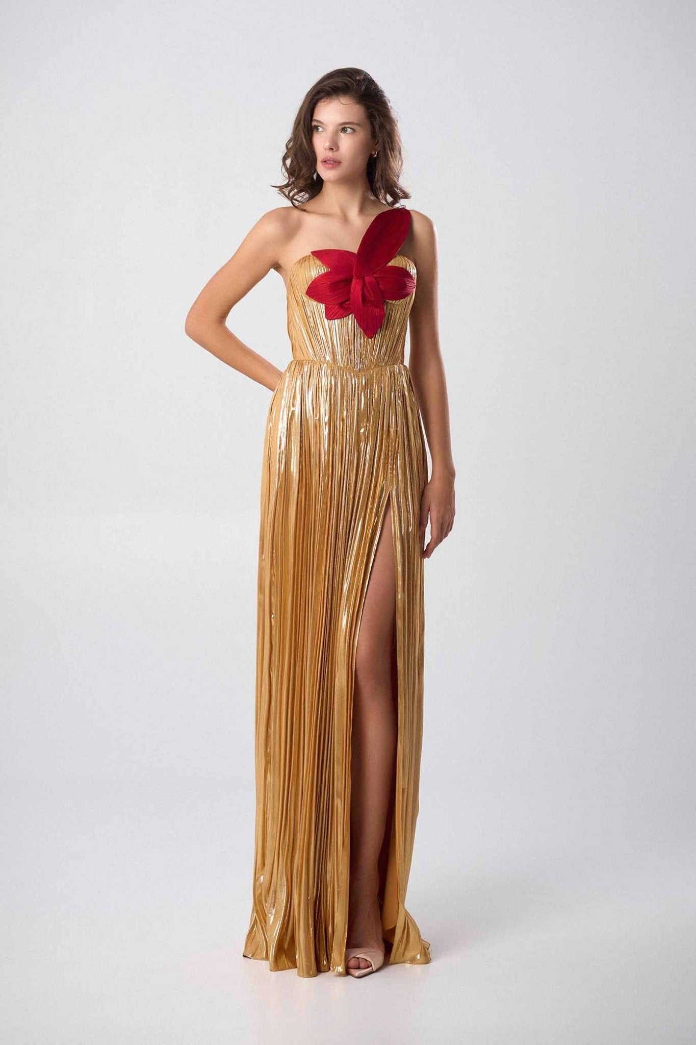 Lily Strapless Gold Gown - ALBOUSHIYA - district 5 - dubai - riyadh - abaya - dresses - designers - evening wear - luxury - elegance - craftsmanship - gowns - cocktail dresses - collections - georges