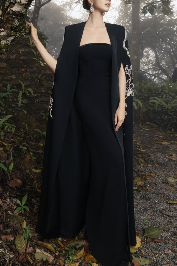 Long Cape With Straight Strapless Dress - ALBOUSHIYA - district 5 - dubai - riyadh - abaya - dresses - designers - evening wear - luxury - elegance - craftsmanship - gowns - cocktail dresses - collections - georges