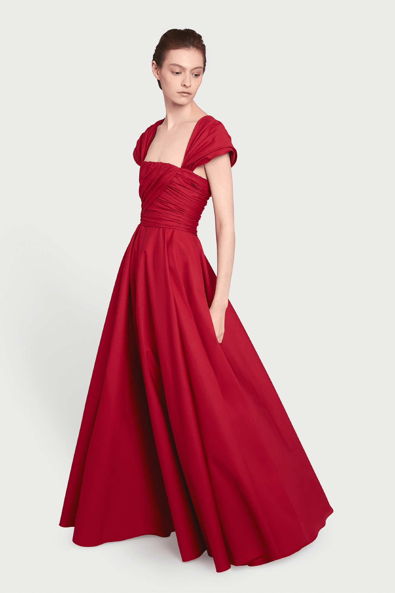 Long Corsage Red Popeline Dress - ALBOUSHIYA - district 5 - dubai - riyadh - abaya - dresses - designers - evening wear - luxury - elegance - craftsmanship - gowns - cocktail dresses - collections - georges