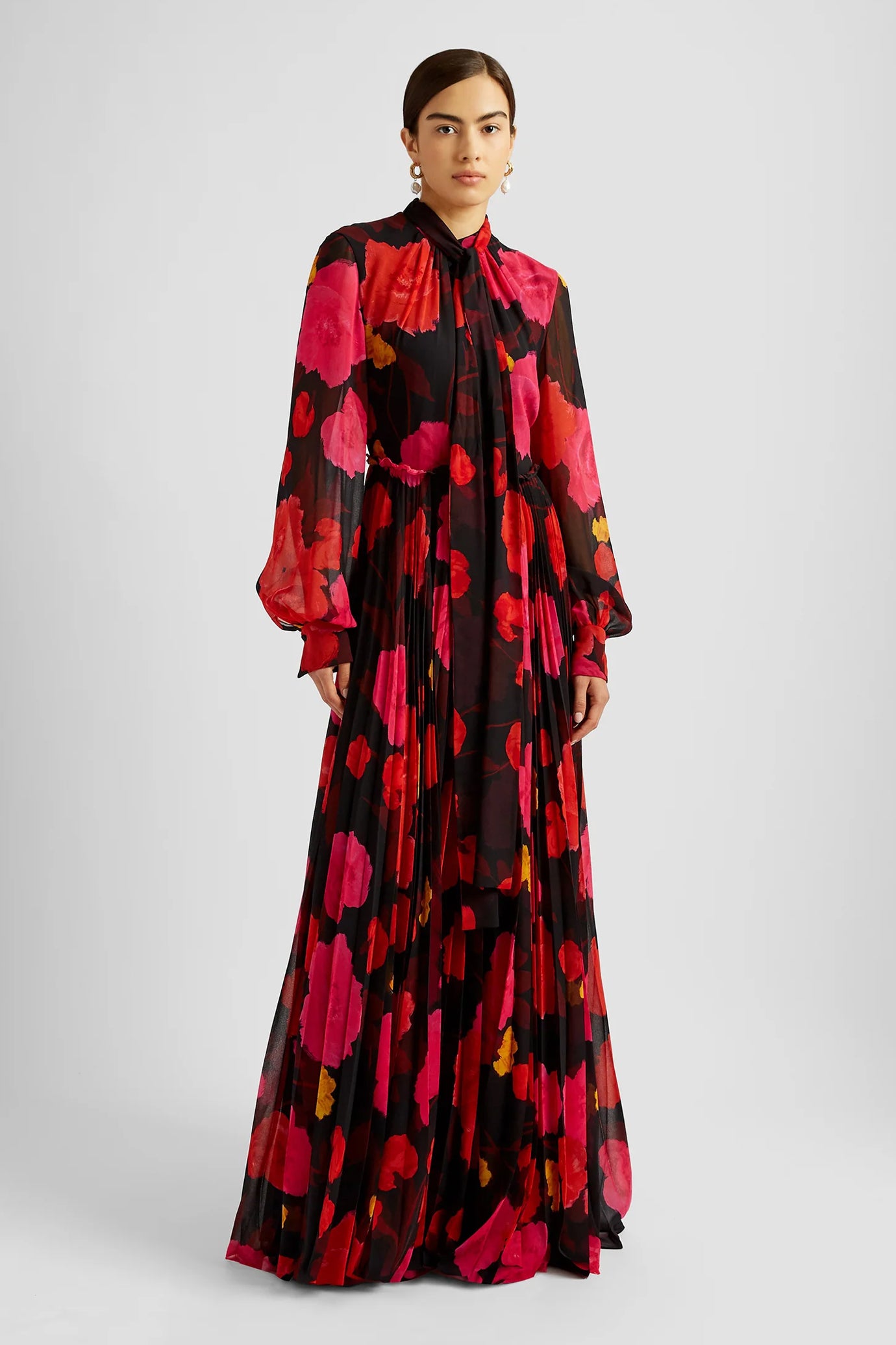 Long Sleeve Gown With Pleated Skirt