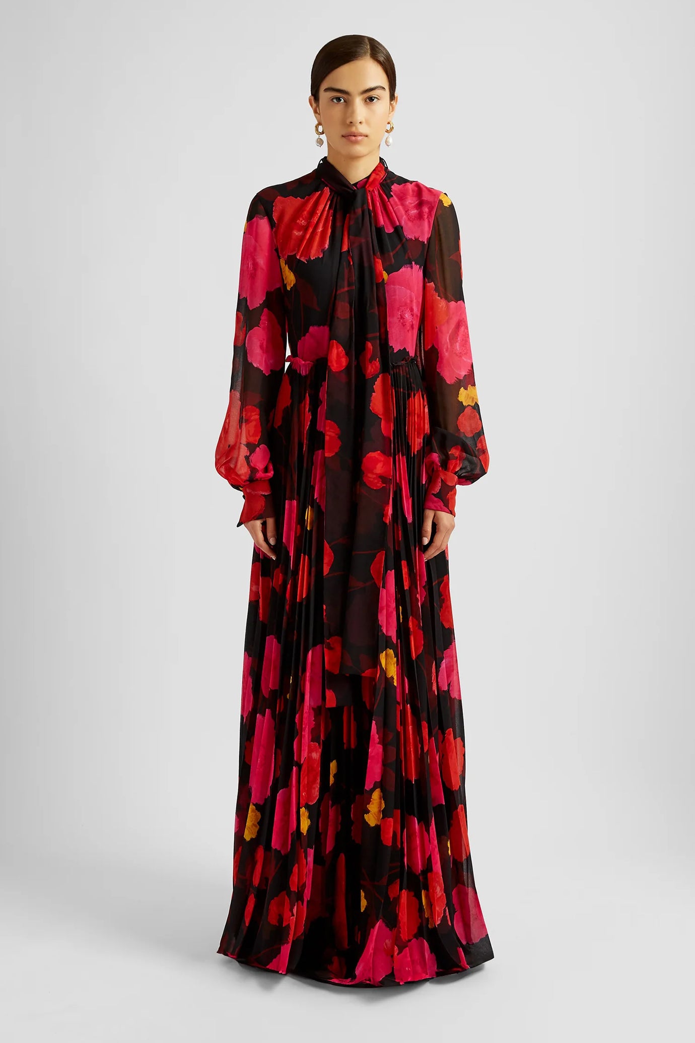 Long Sleeve Gown With Pleated Skirt