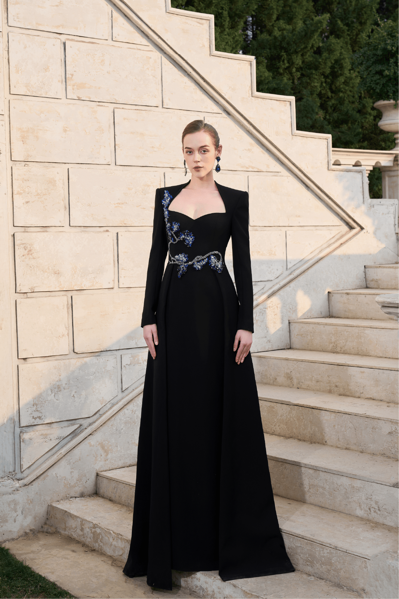 Long - Sleeve Sculpted Embellished Gown - ALBOUSHIYA - district 5 - dubai - riyadh - abaya - dresses - designers - evening wear - luxury - elegance - craftsmanship - gowns - cocktail dresses - collections - georges