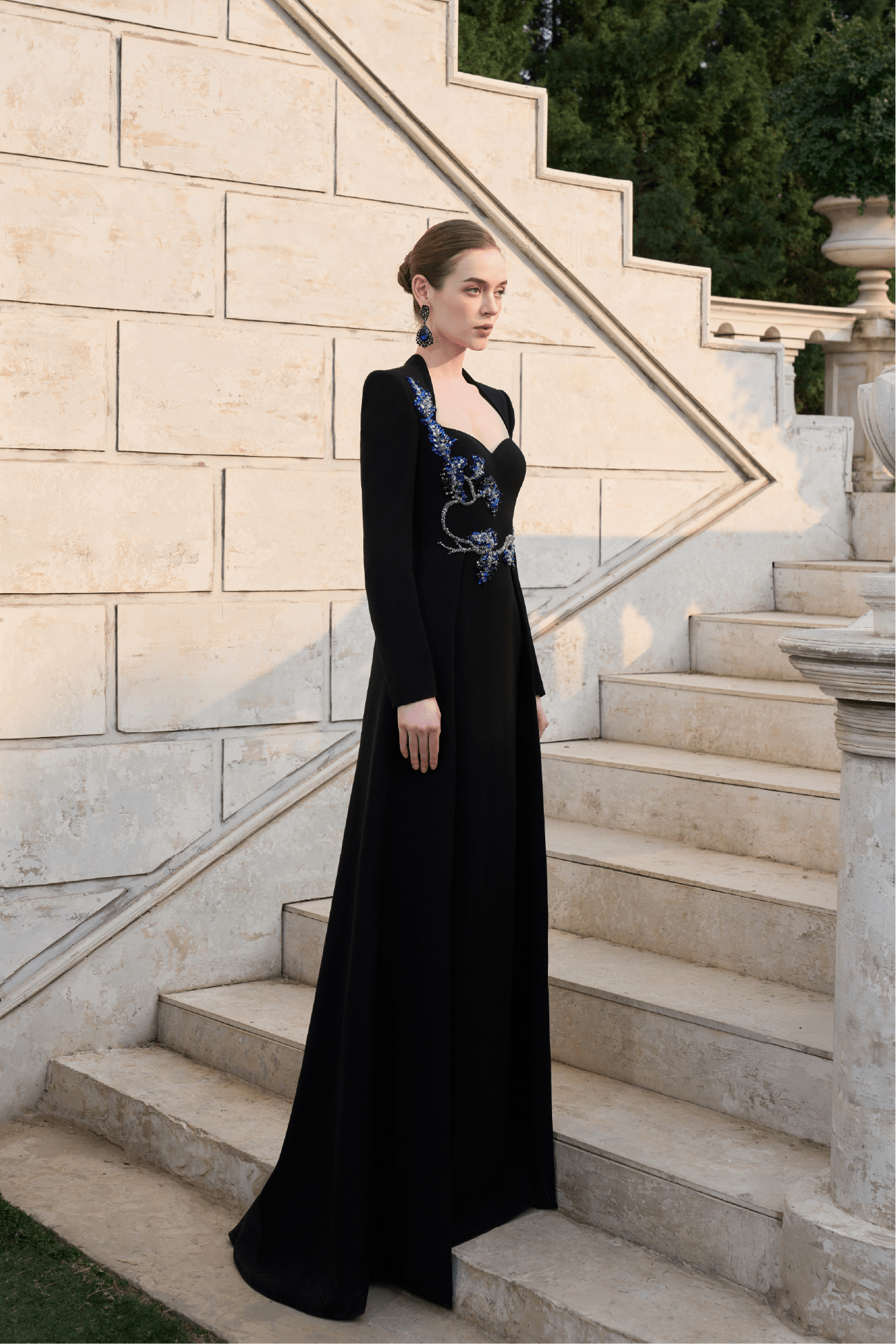 Long - Sleeve Sculpted Embellished Gown - ALBOUSHIYA - district 5 - dubai - riyadh - abaya - dresses - designers - evening wear - luxury - elegance - craftsmanship - gowns - cocktail dresses - collections - georges