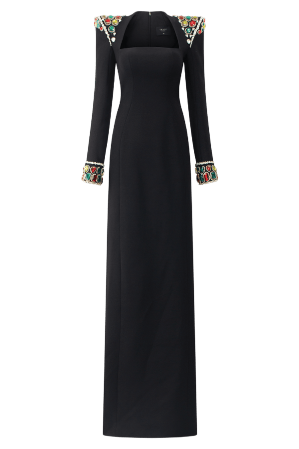 Long Sleeve Stone Embellished Shoulder Dress - ALBOUSHIYA - district 5 - dubai - riyadh - abaya - dresses - designers - evening wear - luxury - elegance - craftsmanship - gowns - cocktail dresses - collections - georges