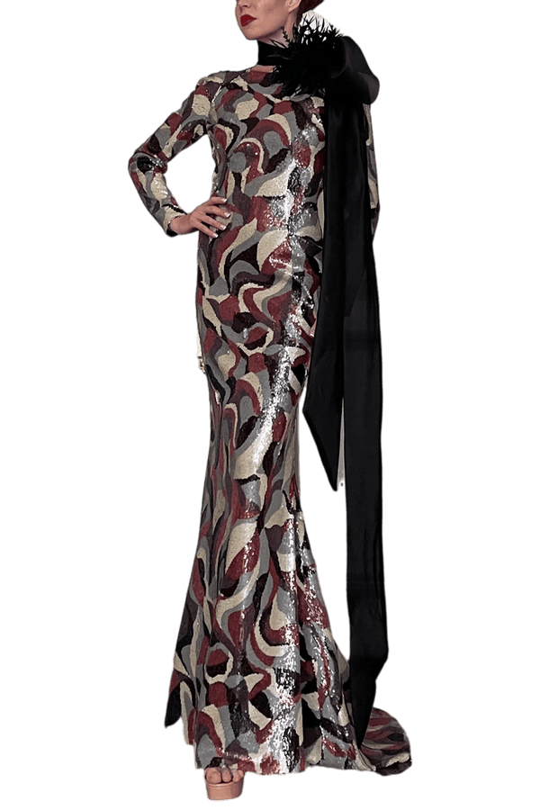 Long - Sleeved Mermaid Dress with Neck Bow - ALBOUSHIYA - district 5 - dubai - riyadh - abaya - dresses - designers - evening wear - luxury - elegance - craftsmanship - gowns - cocktail dresses - collections - georges