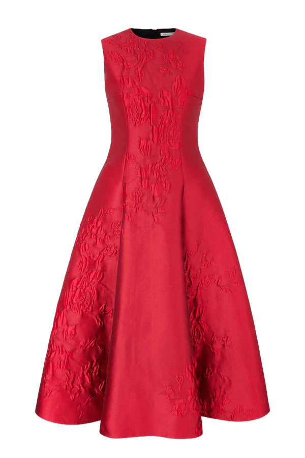 Mara Dress In Red Graphic Rose Jacquard - ALBOUSHIYA - district 5 - dubai - riyadh - abaya - dresses - designers - evening wear - luxury - elegance - craftsmanship - gowns - cocktail dresses - collections - georges