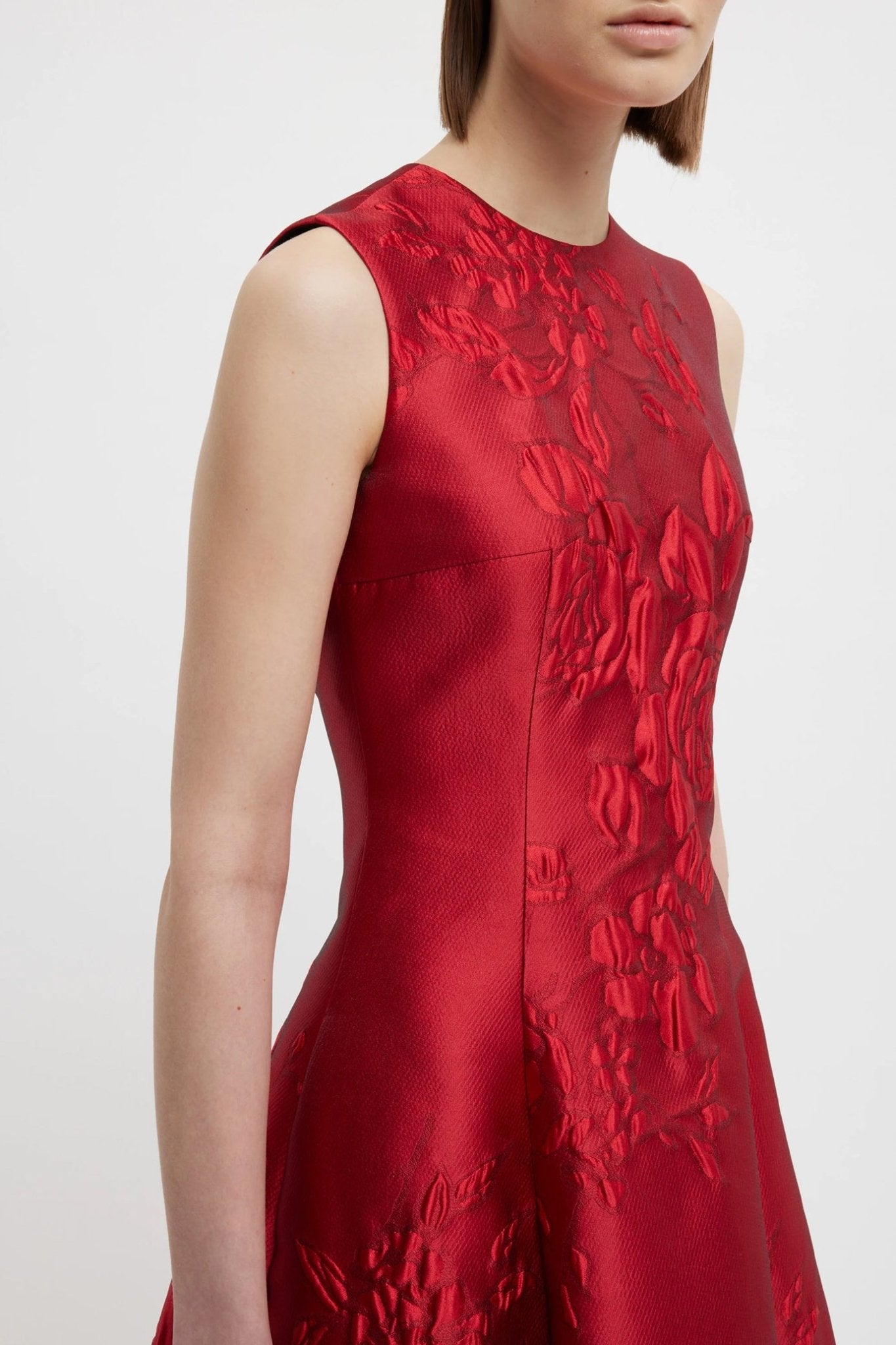 Mara Dress In Red Graphic Rose Jacquard - ALBOUSHIYA - district 5 - dubai - riyadh - abaya - dresses - designers - evening wear - luxury - elegance - craftsmanship - gowns - cocktail dresses - collections - georges