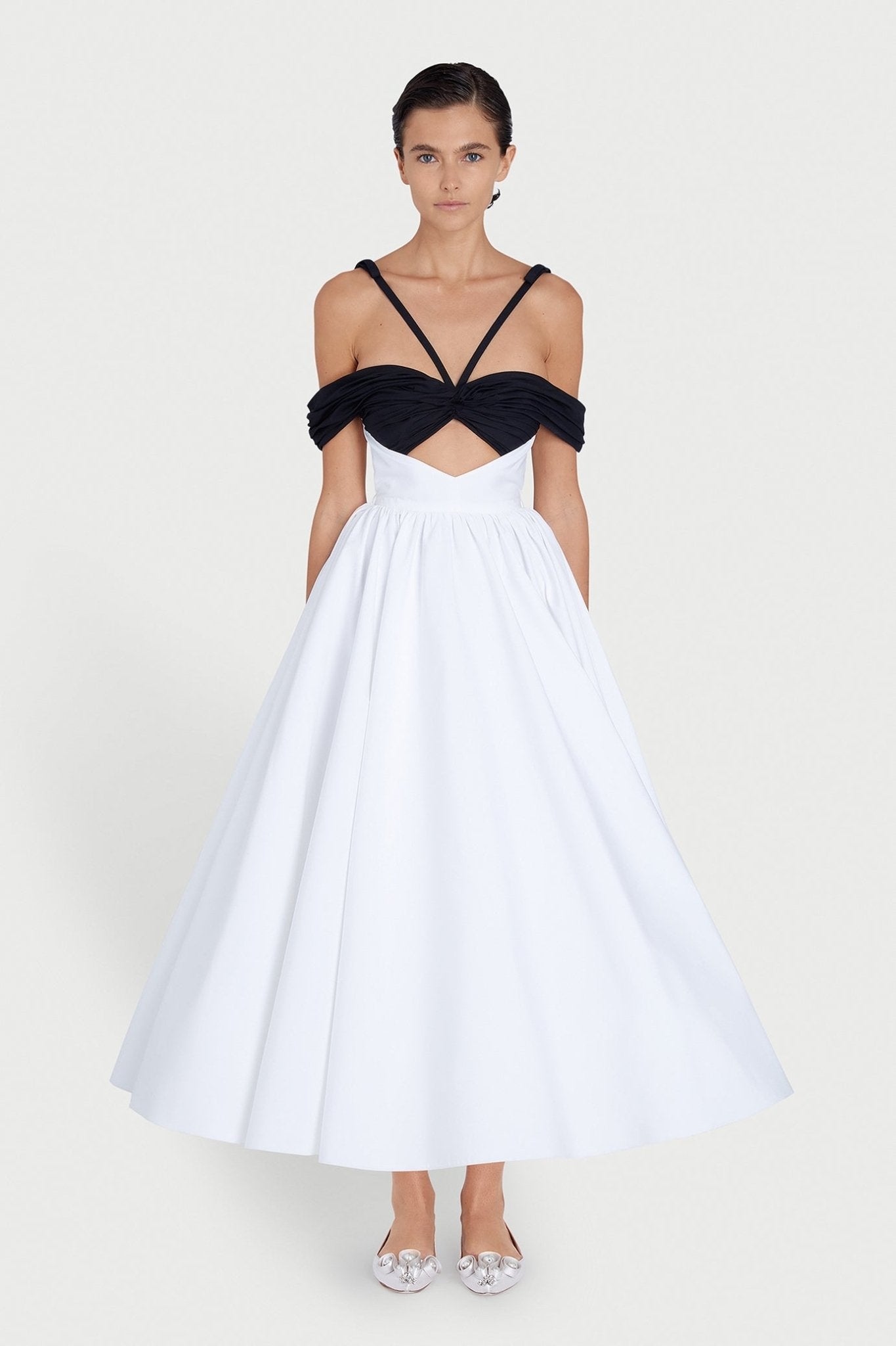 Maxi Ivory Popeline Dress and Black Top - ALBOUSHIYA - district 5 - dubai - riyadh - abaya - dresses - designers - evening wear - luxury - elegance - craftsmanship - gowns - cocktail dresses - collections - georges