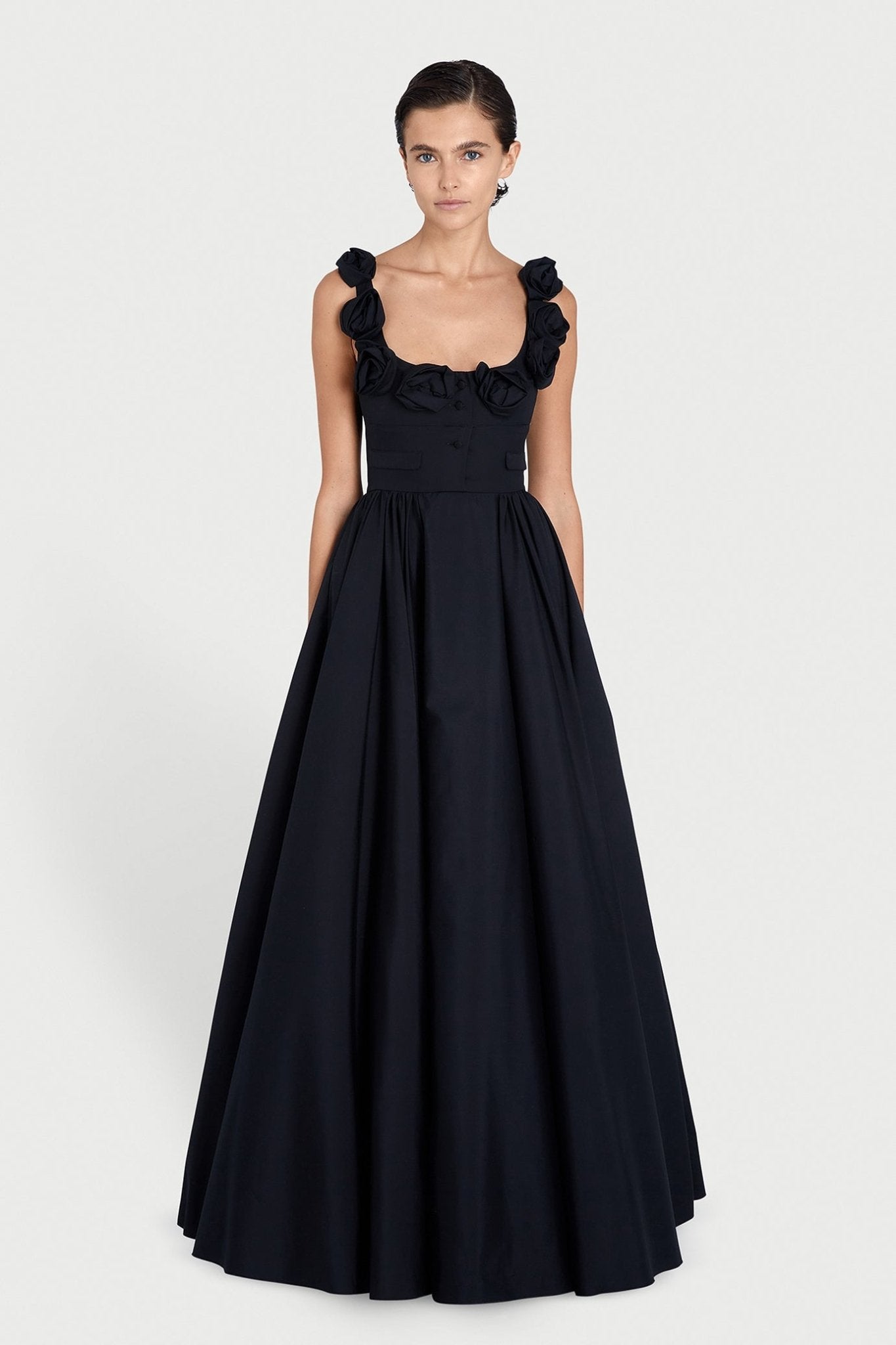 Maxi Popeline Dress with Roses - ALBOUSHIYA - district 5 - dubai - riyadh - abaya - dresses - designers - evening wear - luxury - elegance - craftsmanship - gowns - cocktail dresses - collections - georges