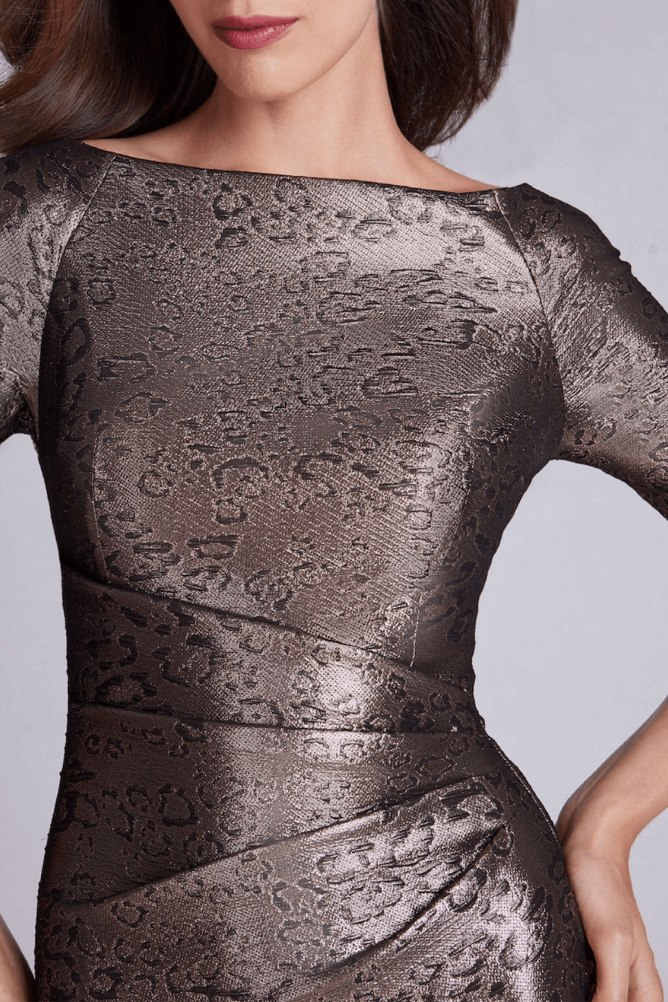 Metallic Animal Pattern Side Drape Gown - ALBOUSHIYA - district 5 - dubai - riyadh - abaya - dresses - designers - evening wear - luxury - elegance - craftsmanship - gowns - cocktail dresses - collections - georges