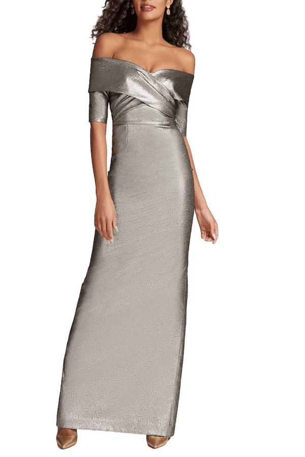 Metallic Jacquard Off Shoulder Portrait Gown - ALBOUSHIYA - district 5 - dubai - riyadh - abaya - dresses - designers - evening wear - luxury - elegance - craftsmanship - gowns - cocktail dresses - collections - georges