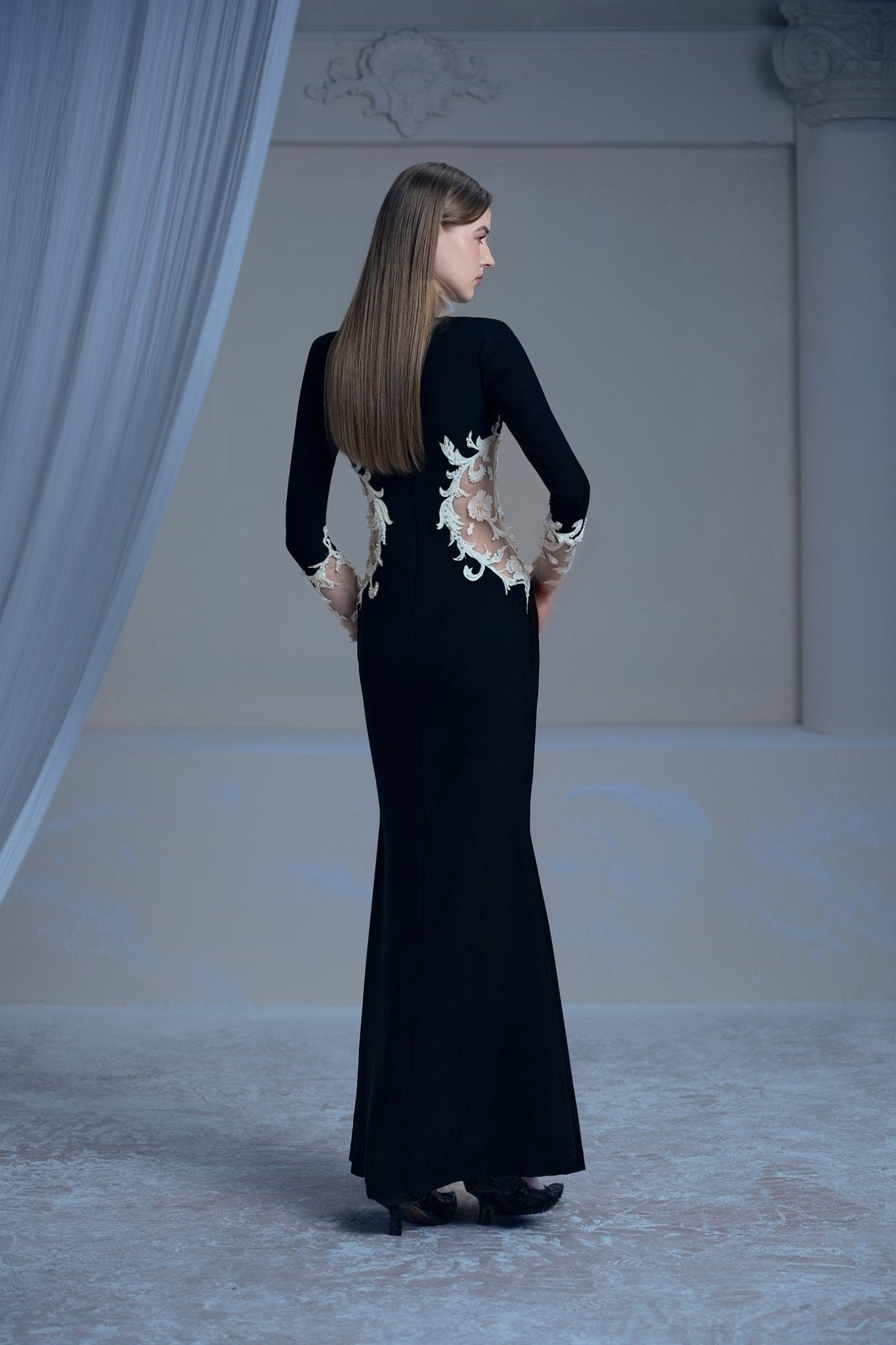 Midnight Baroque Gown - ALBOUSHIYA - district 5 - dubai - riyadh - abaya - dresses - designers - evening wear - luxury - elegance - craftsmanship - gowns - cocktail dresses - collections - georges