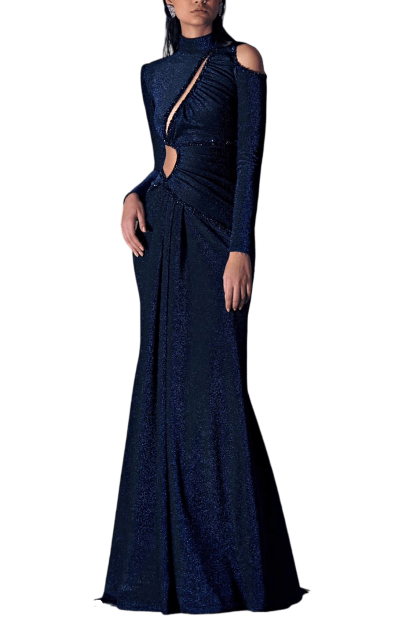 Midnight Blue Bejeweled Glittery Gown - ALBOUSHIYA - district 5 - dubai - riyadh - abaya - dresses - designers - evening wear - luxury - elegance - craftsmanship - gowns - cocktail dresses - collections - georges