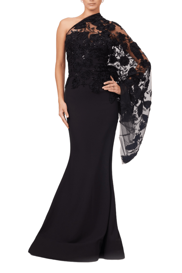 Midnight Elegance One - Shoulder Gown - ALBOUSHIYA - district 5 - dubai - riyadh - abaya - dresses - designers - evening wear - luxury - elegance - craftsmanship - gowns - cocktail dresses - collections - georges