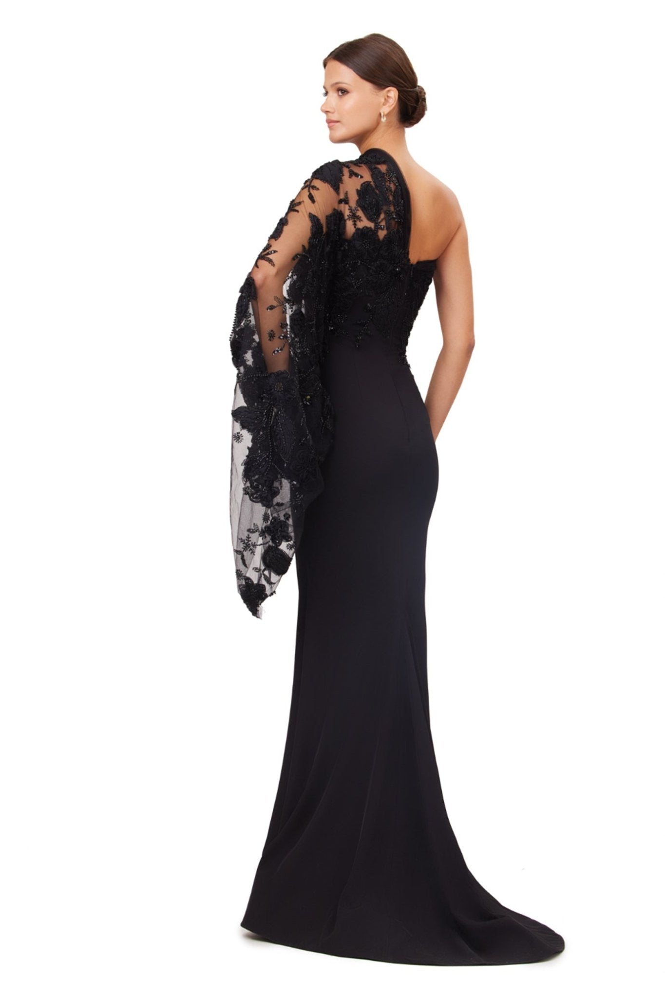 Midnight Elegance One - Shoulder Gown - ALBOUSHIYA - district 5 - dubai - riyadh - abaya - dresses - designers - evening wear - luxury - elegance - craftsmanship - gowns - cocktail dresses - collections - georges