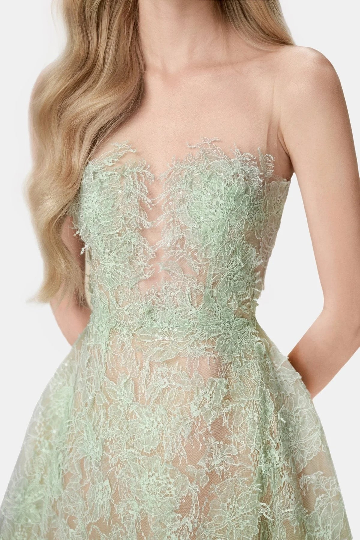 Mint Beaded Lace Dress - ALBOUSHIYA - district 5 - dubai - riyadh - abaya - dresses - designers - evening wear - luxury - elegance - craftsmanship - gowns - cocktail dresses - collections - georges