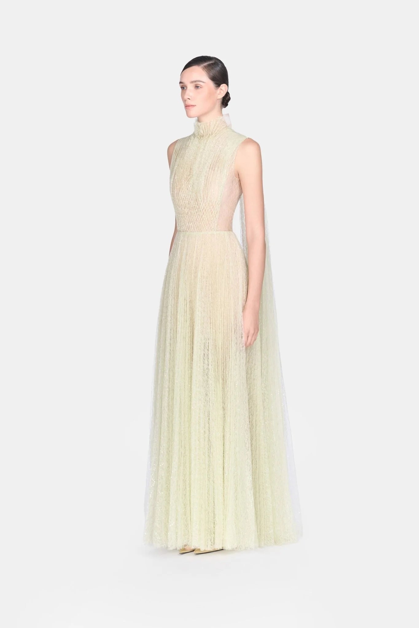 Mint Smocked Lace Gown - ALBOUSHIYA - district 5 - dubai - riyadh - abaya - dresses - designers - evening wear - luxury - elegance - craftsmanship - gowns - cocktail dresses - collections - georges