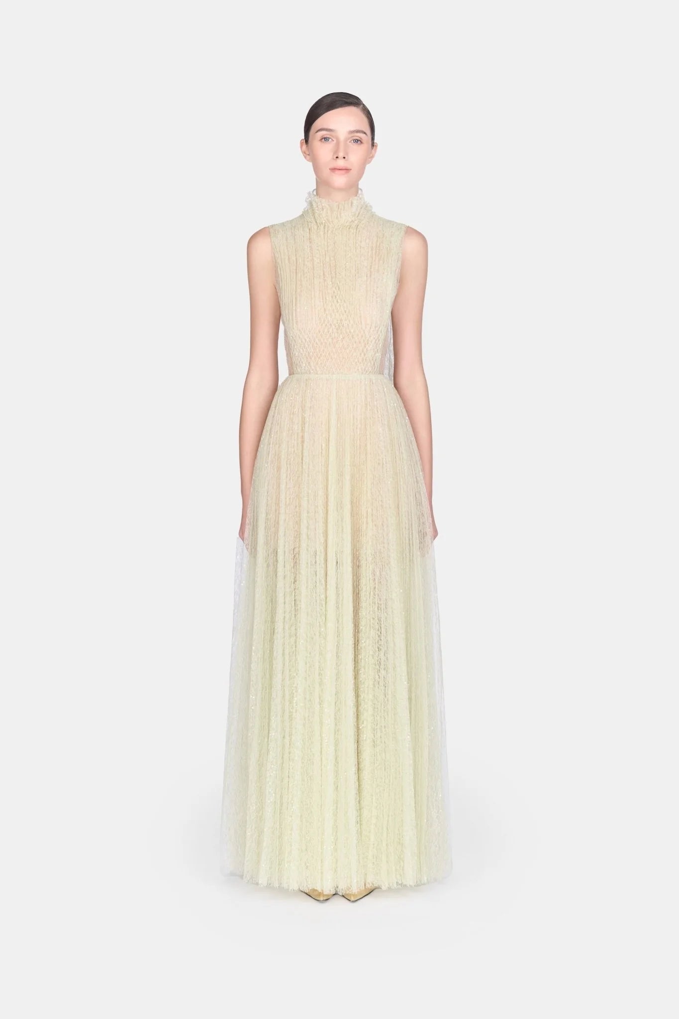 Mint Smocked Lace Gown - ALBOUSHIYA - district 5 - dubai - riyadh - abaya - dresses - designers - evening wear - luxury - elegance - craftsmanship - gowns - cocktail dresses - collections - georges